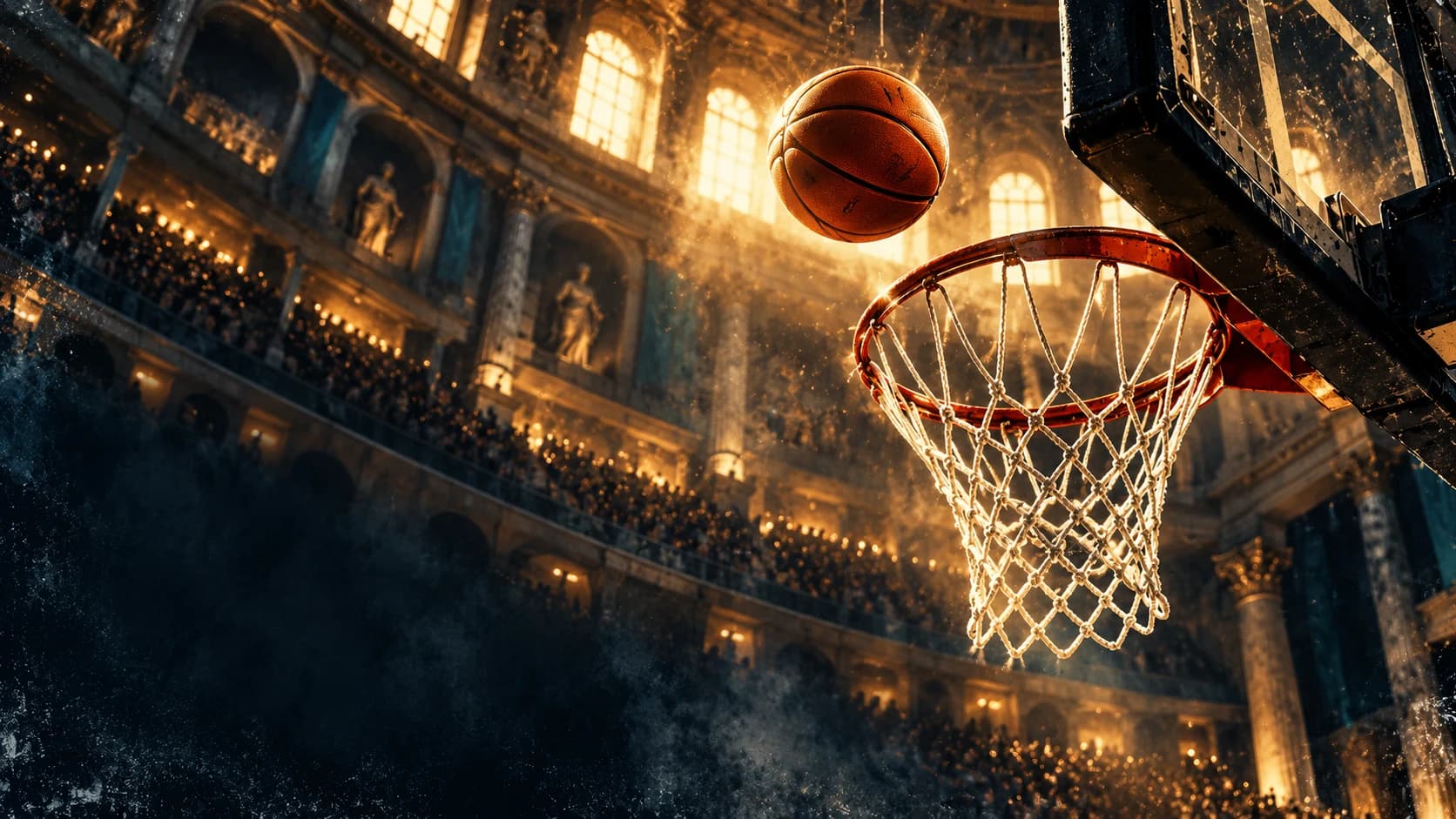 Painterly editorial illustration of a basketball and net in a Roman arena under afternoon light.