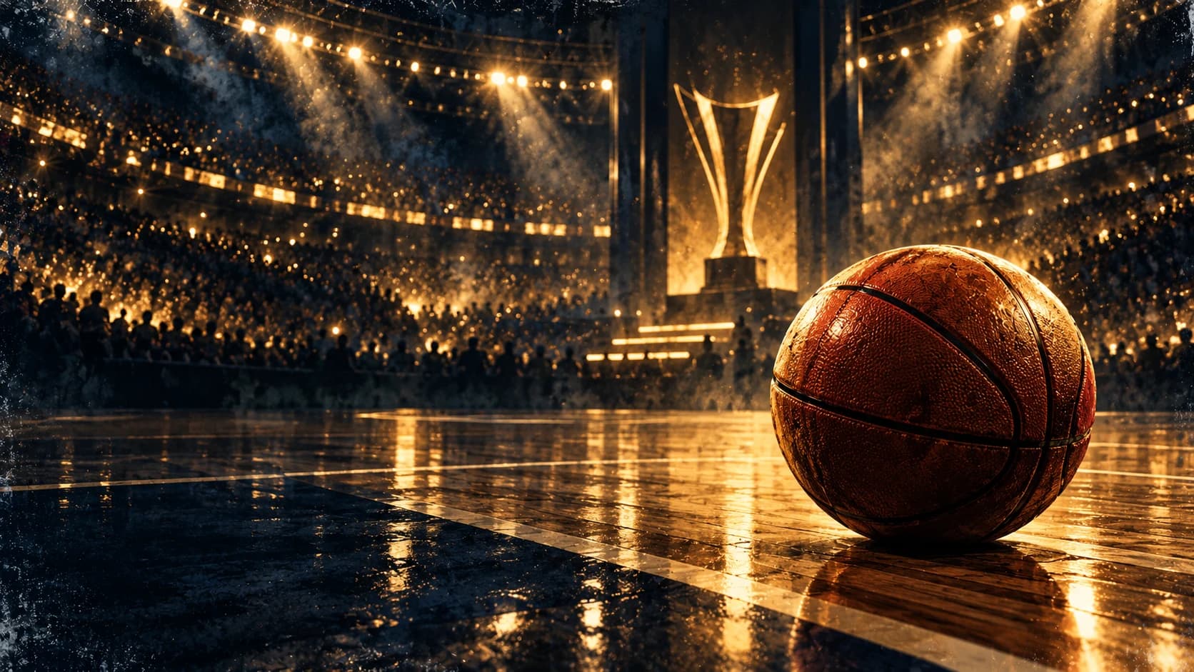 Painterly editorial illustration of a basketball court under arena lights with a gold cup silhouette.