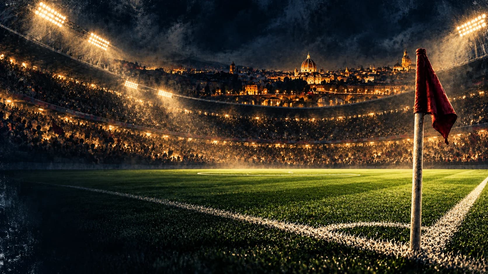 Painterly editorial illustration of a European football pitch under stadium lights at night.