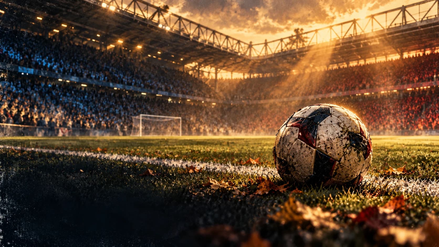 Painterly editorial illustration of an English football stadium with blue and red accents.