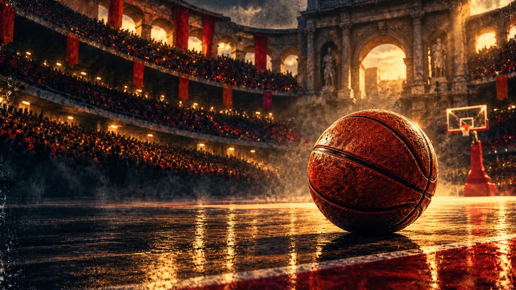 Painterly editorial illustration of an orange basketball on a college court in a Roman arena.
