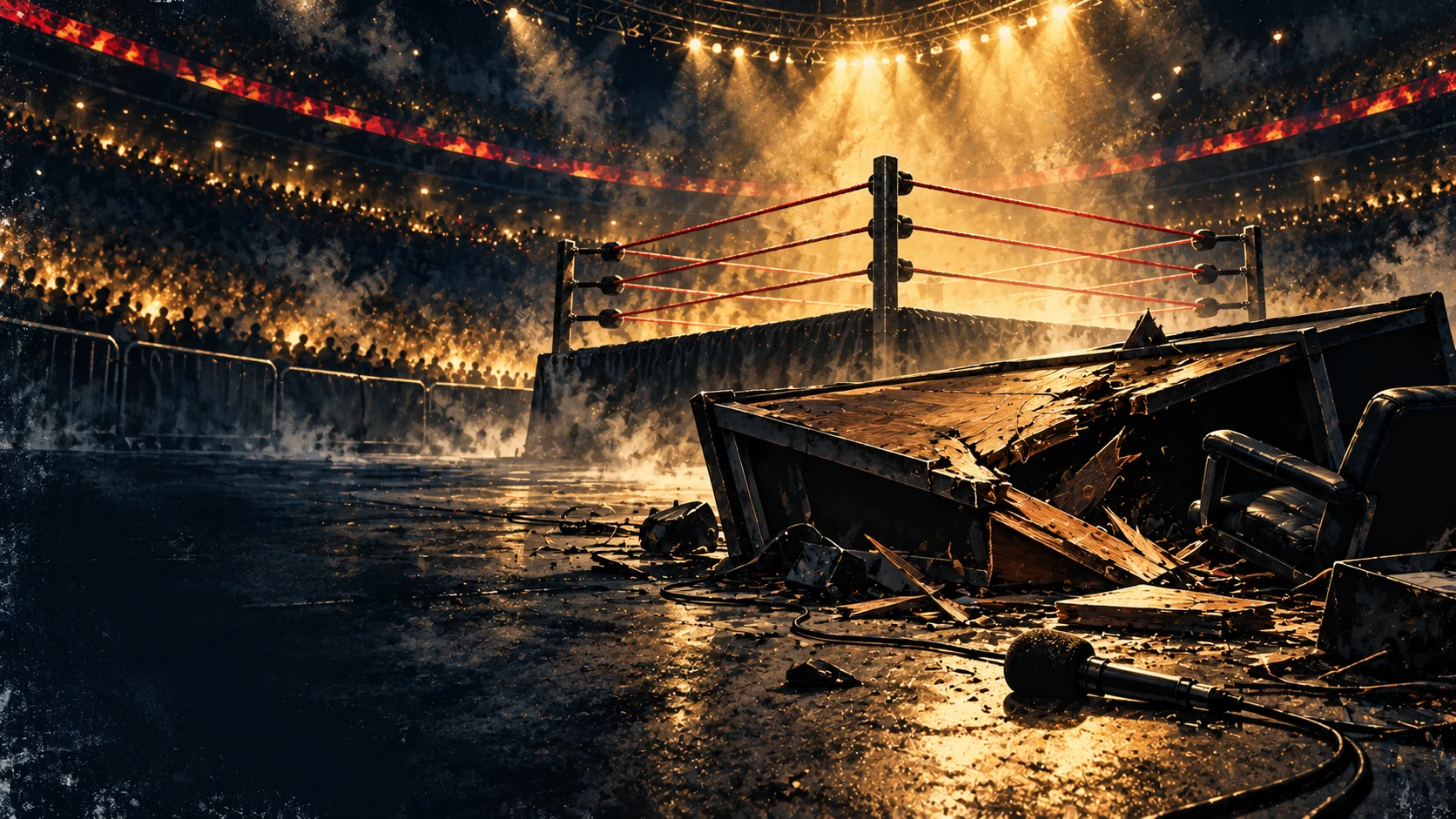 Painterly editorial illustration of a broken, overturned announce desk and microphone beside an empty wrestling ring.