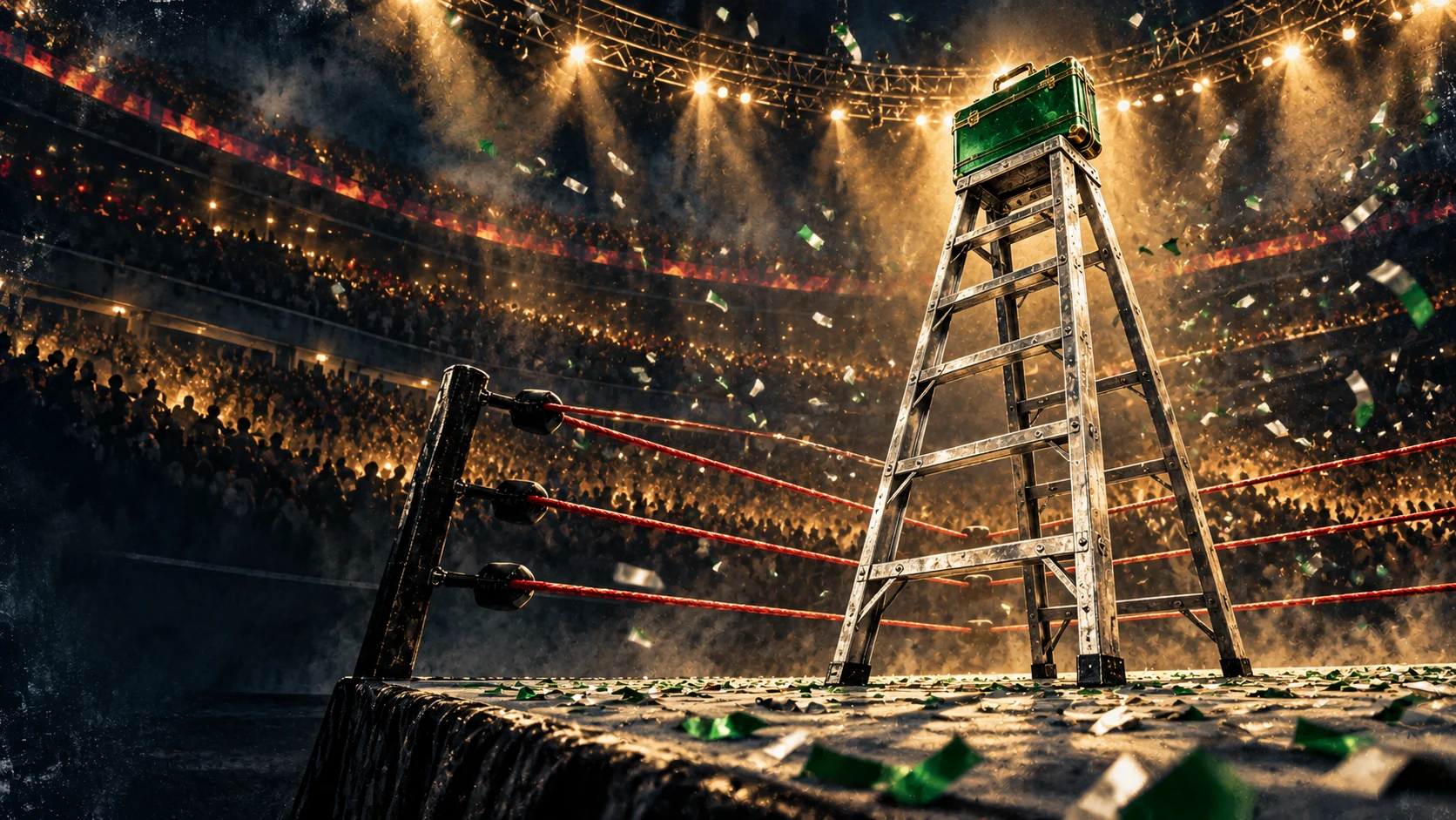 Painterly editorial illustration of a lone silver ladder with a briefcase at the top, seen from a low ring corner amid confetti.