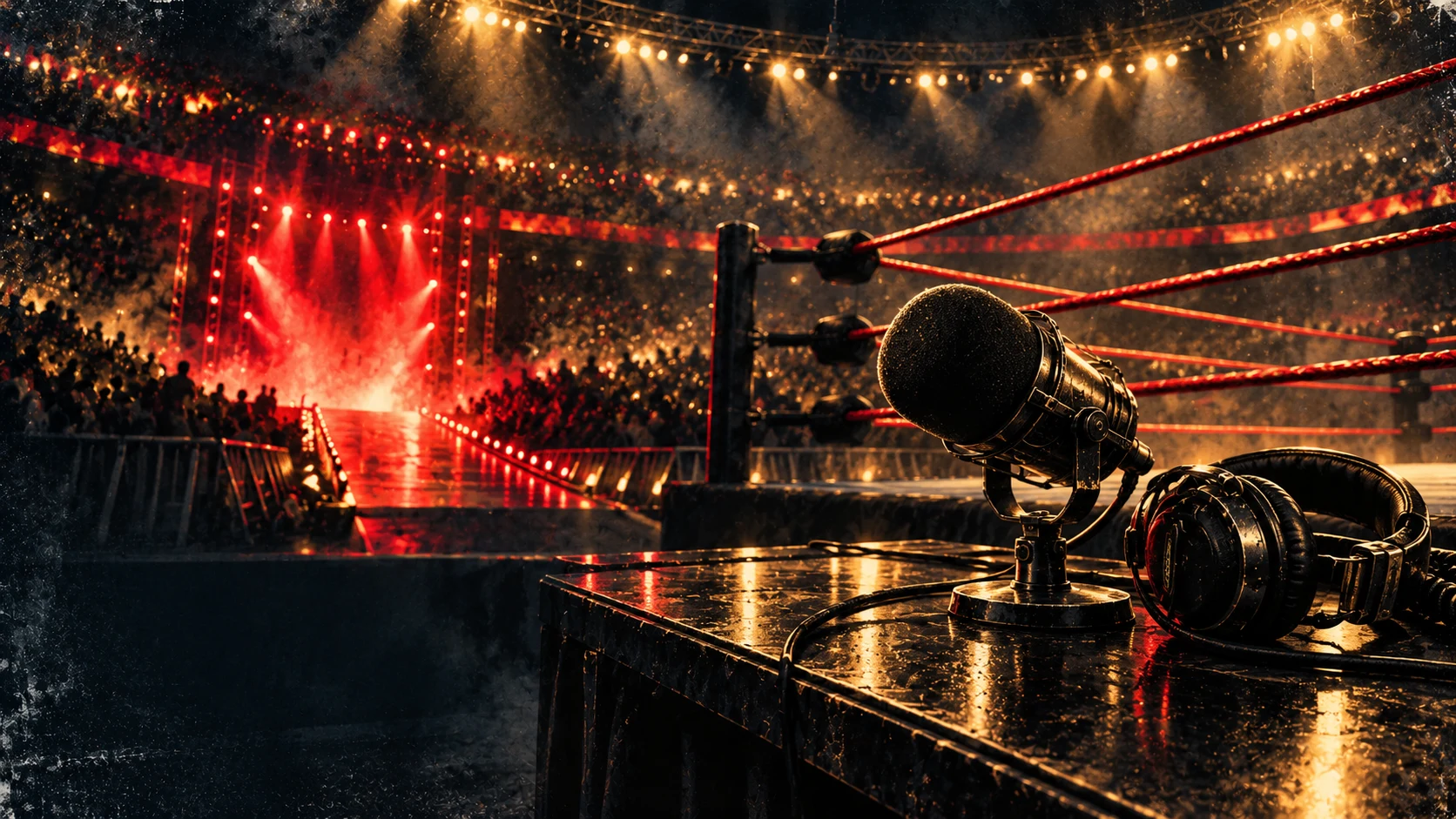 Painterly editorial illustration of a microphone and headphones on a commentary desk facing a scarlet wrestling entrance.