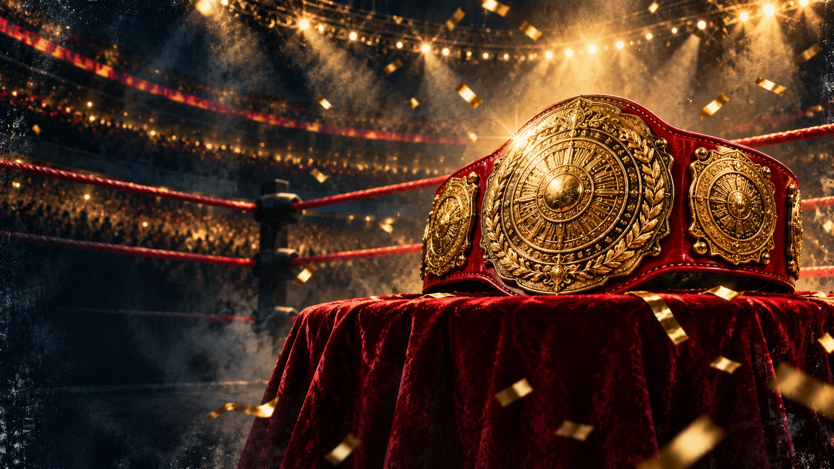 Painterly editorial illustration of a gold championship belt with a crimson strap on a red podium amid confetti.